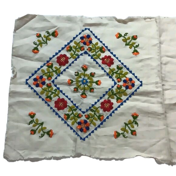 Vintage Floral Embroidered Pillowcase Unfinished Blue Orange Red Green 15" X 15" - Picture 14 of 16